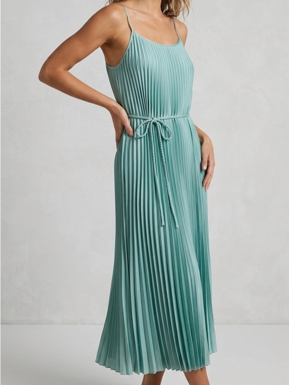 NWT Sam Edelman Hammered Satin Plissé Midi Dress Mint Green - M